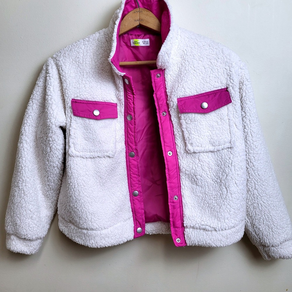Epic Threads Kids M 10 12White Sherpa Fleece Jacket Magenta Trim Pockets NWT